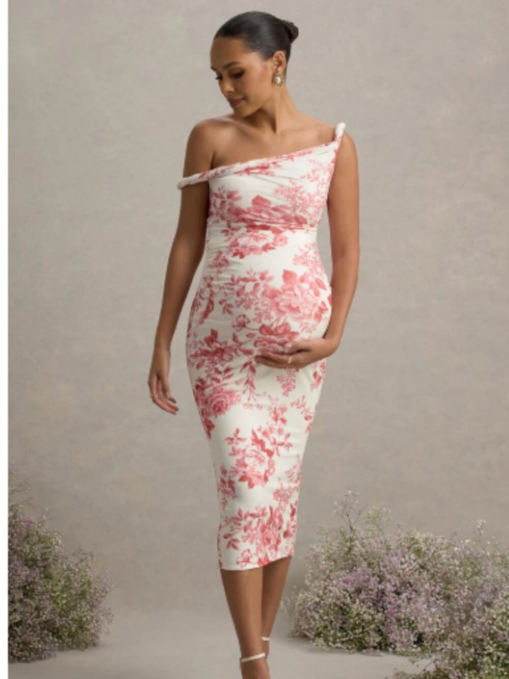 Club London Salome Pink Floral Print Twisted Asymmetric Maternity Midi Dress